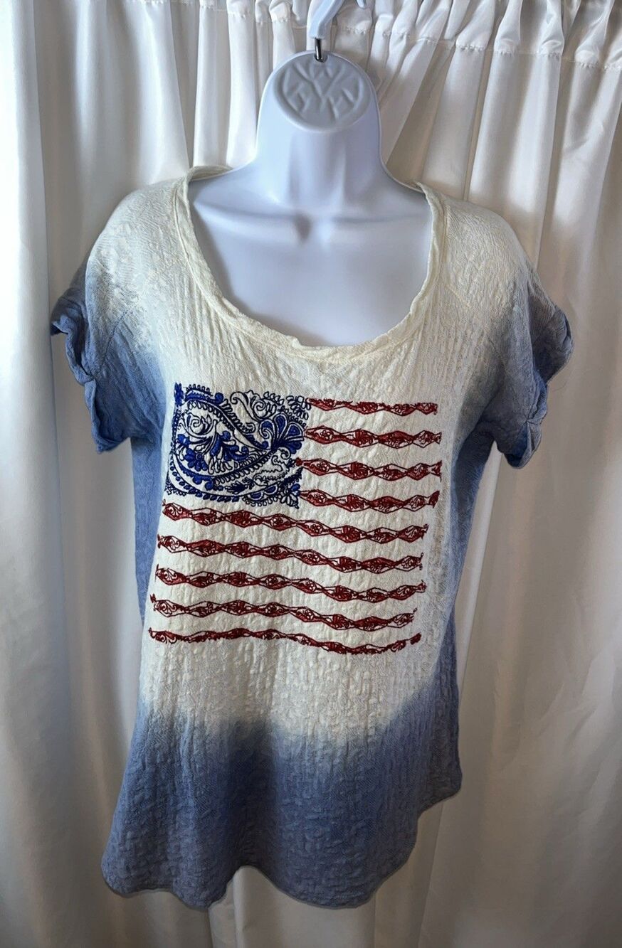 Lucky Brand Womrns American Flag Tie-Dye Slit Back Tunic Top Size S Paisley